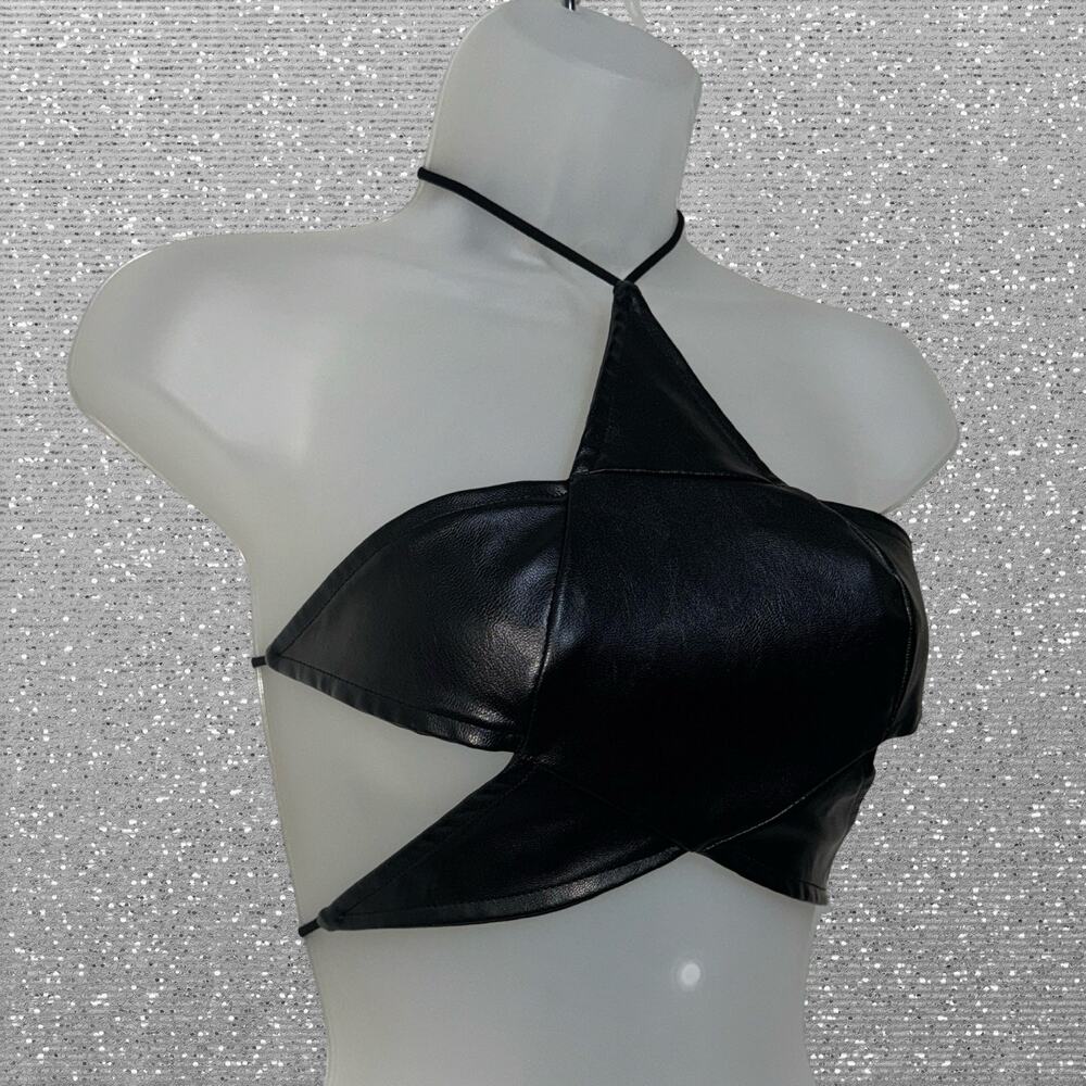 New Small Black Star Backless Halter Top Crop Blouse Sleeveless Vegan Goth‎ Y2k - Picture 2 of 3